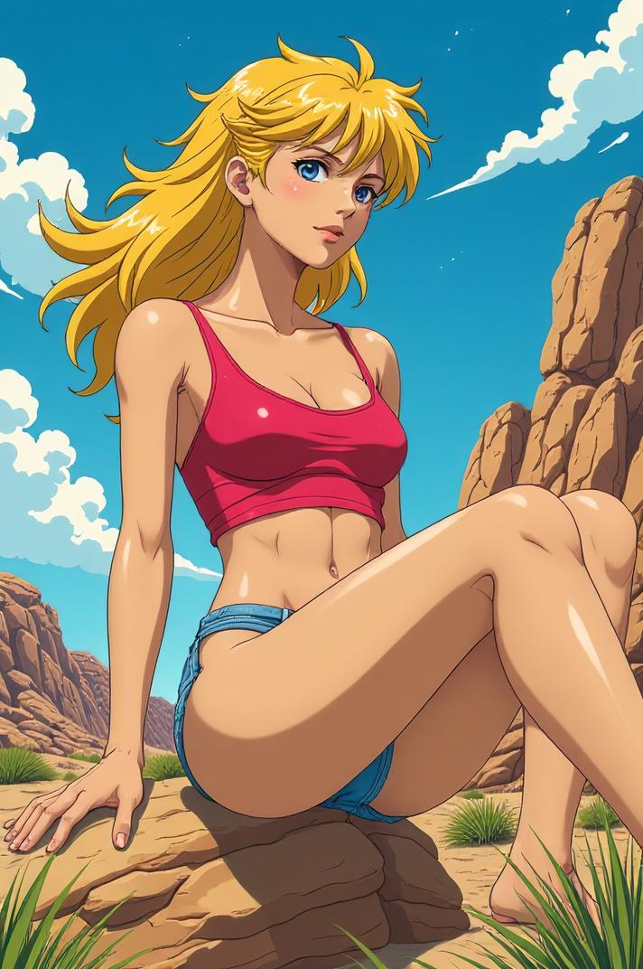 Anime style s Desert Wolf from Spirit World universe, Mullet lemon hair, summer, low angle shot