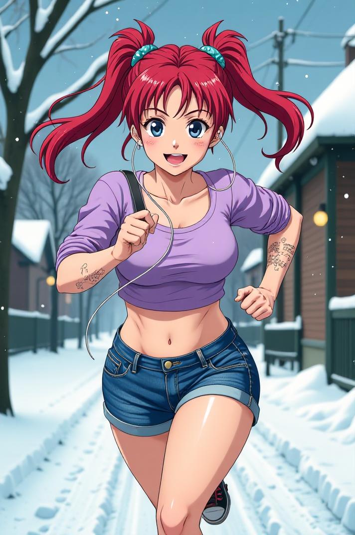 anime style masterpiece,best quality , Pony Tail carmine hair, winter