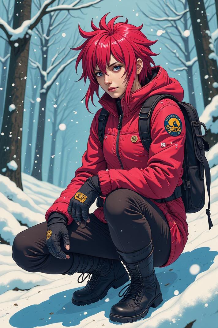 Anime style s Scorpion from Band of Brothers universe, Grungey cerise hair, winter, knee level shot