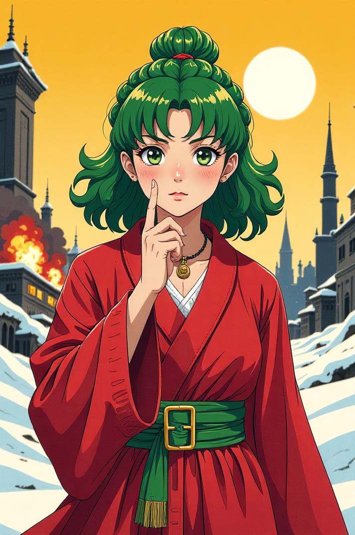 anime style masterpiece,best quality , Mullet Curly viridian hair, winter
