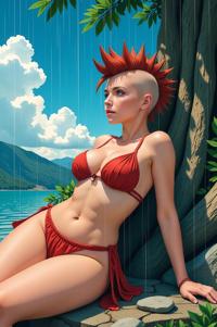 anime style masterpiece,best quality , Mohawk Flat rust hair, summer