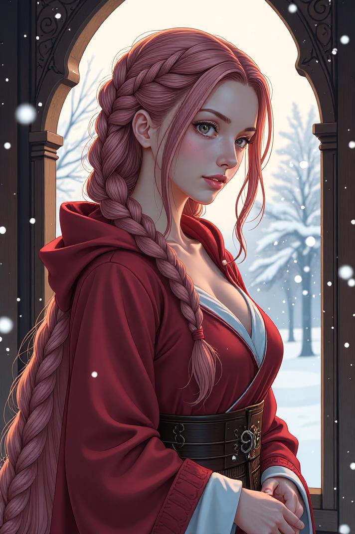 anime style masterpiece,best quality , Long Braids french rose hair, winter