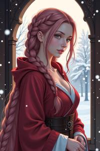 anime style masterpiece,best quality , Long Braids french rose hair, winter