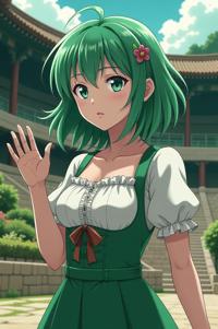 anime style masterpiece,best quality , Long emerald hair, spring