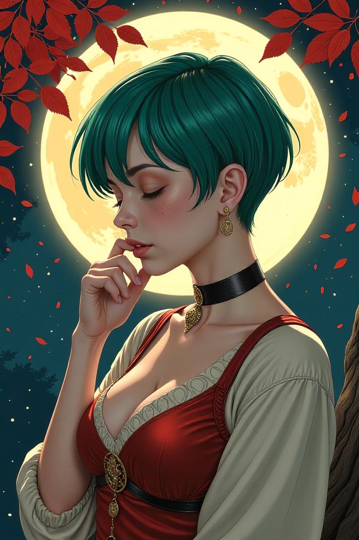 anime style masterpiece,best quality , Buzz Cut malachite hair, autumn