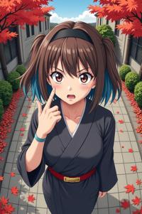 anime style masterpiece,best quality , Grungey Behind Ears steel blue hair, autumn