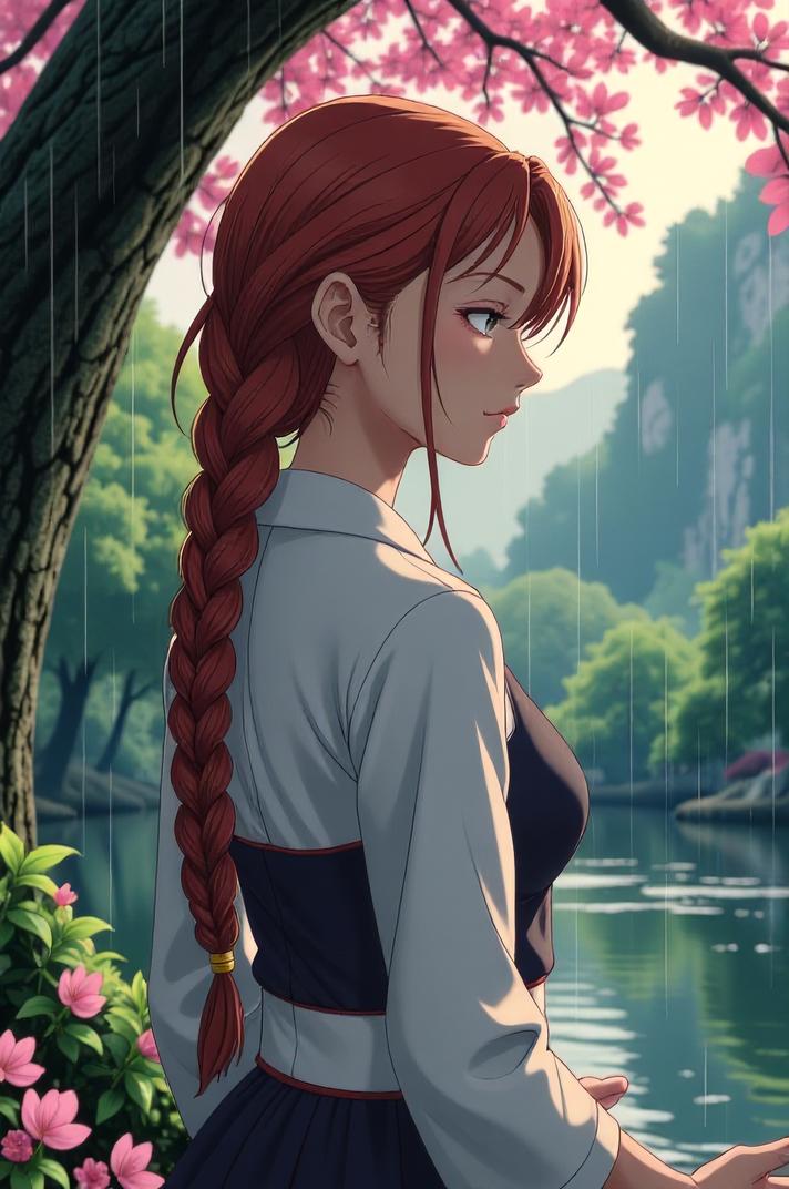 anime style masterpiece,best quality , Long Braids firebrick hair, spring