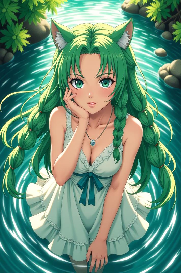 anime style masterpiece,best quality , Long Braids shamrock green hair, summer