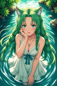 anime style masterpiece,best quality , Long Braids shamrock green hair, summer