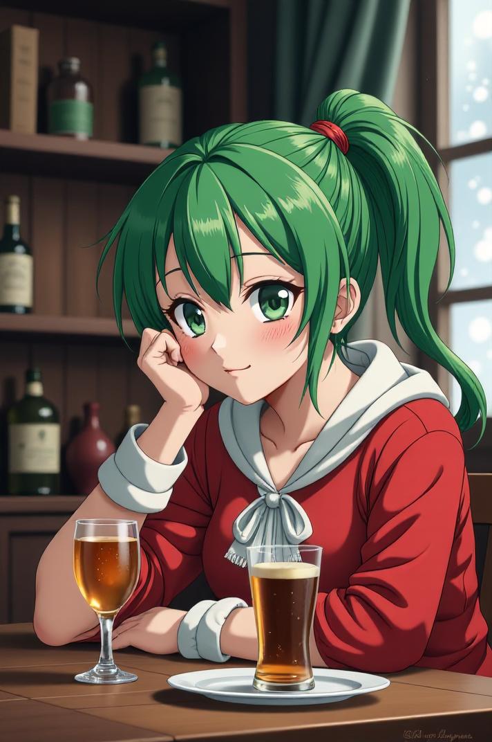 anime style masterpiece,best quality , Right Parting moss green hair, winter