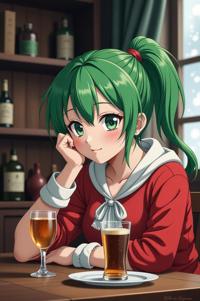 anime style masterpiece,best quality , Right Parting moss green hair, winter