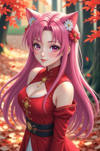 anime style masterpiece,best quality , Left Parting fuchsia hair, autumn