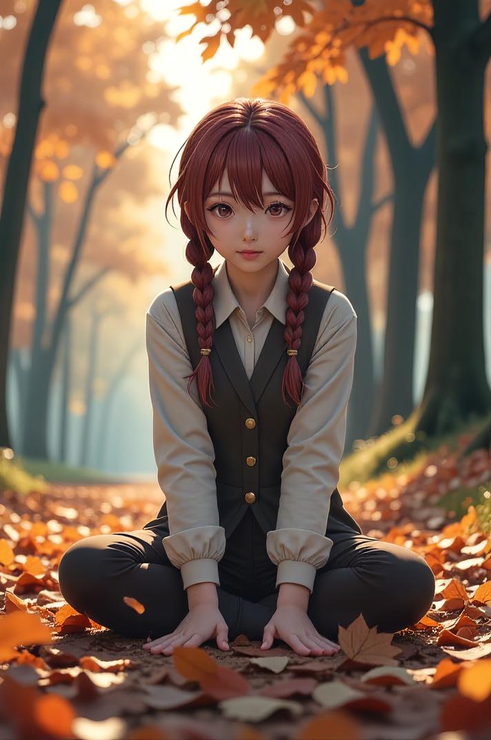 anime style masterpiece,best quality , Longer Braids sepia hair, autumn