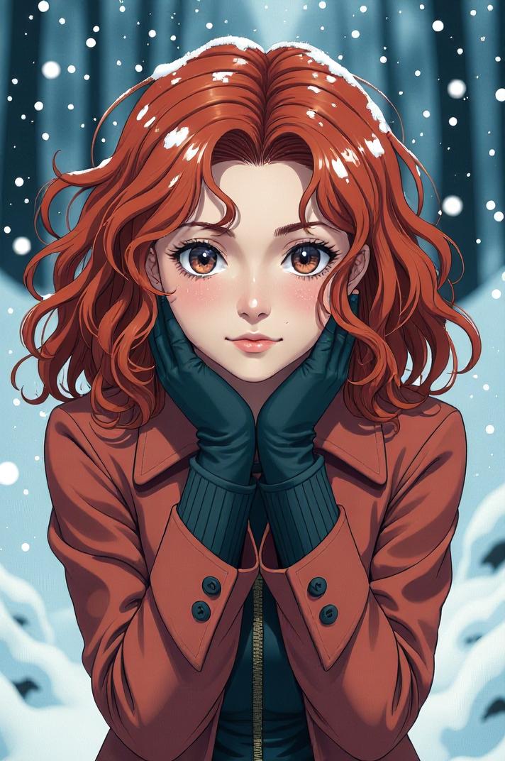 anime style masterpiece,best quality , Over Eye Curly copper hair, winter