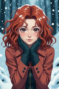 anime style masterpiece,best quality , Over Eye Curly copper hair, winter