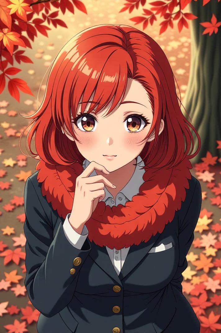 anime style masterpiece,best quality , Flat Top coral hair, autumn