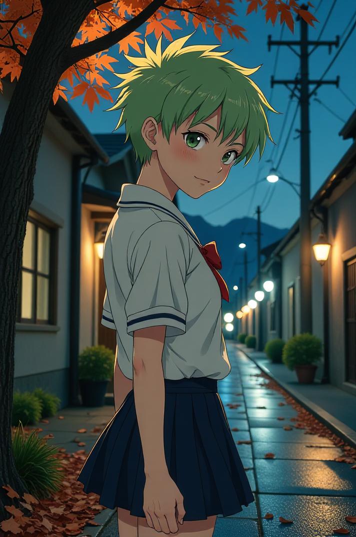 anime style masterpiece,best quality , Mohawk Short lime hair, autumn