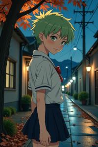 anime style masterpiece,best quality , Mohawk Short lime hair, autumn
