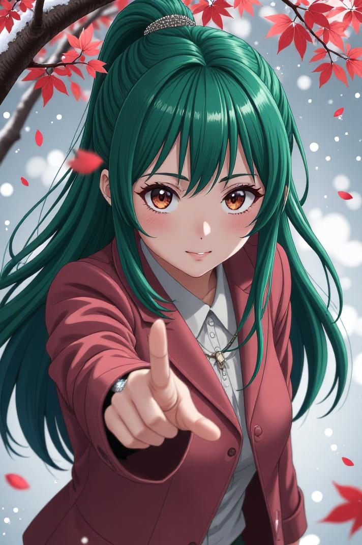 anime style masterpiece,best quality , Over Left Eye viridian hair, autumn