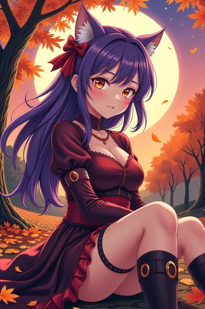 anime style masterpiece,best quality , Grungey Behind Ears royal purple hair, autumn
