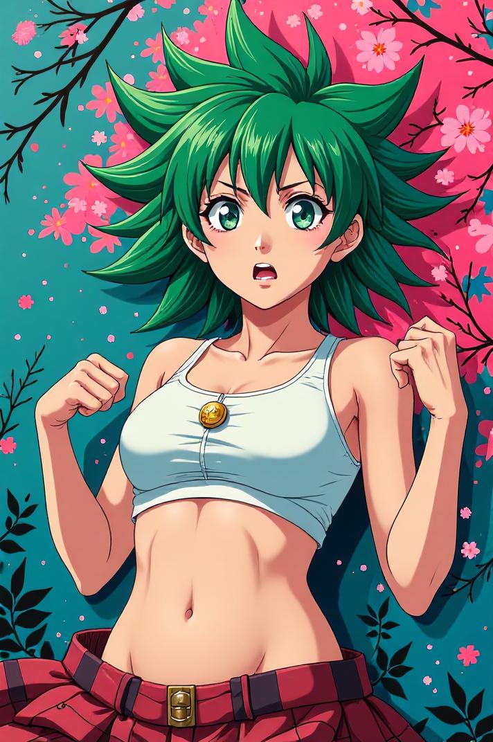 anime style masterpiece,best quality , Spikes green hair, spring