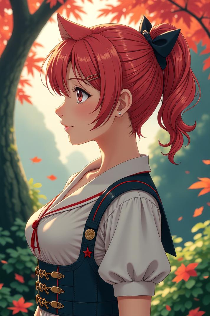 anime style masterpiece,best quality , Left Parting coral hair, autumn