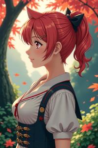 anime style masterpiece,best quality , Left Parting coral hair, autumn