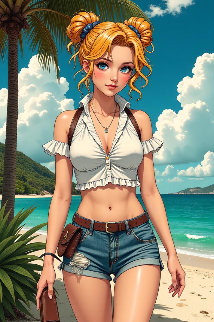 anime style masterpiece,best quality , Bun Curly sangria hair, summer