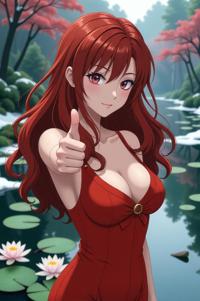 anime style masterpiece,best quality , Over Left Eye vermilion hair, winter