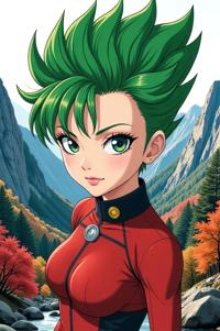 anime style masterpiece,best quality , Mohawk Fan lawn green hair, autumn