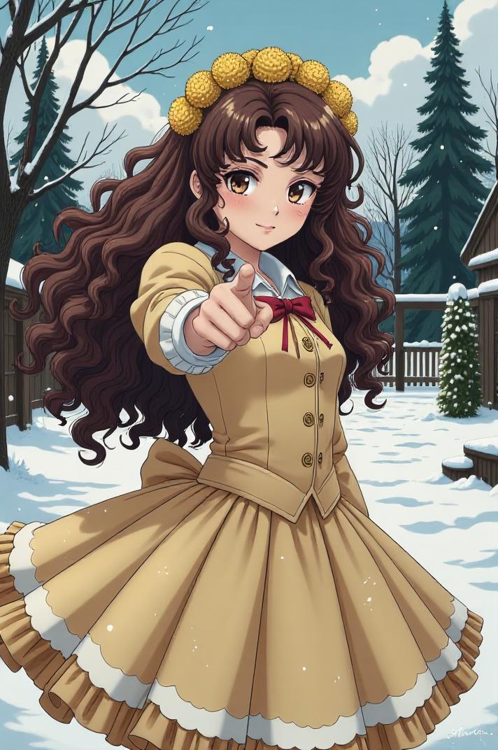 anime style masterpiece,best quality , Long Curly dandelion hair, winter