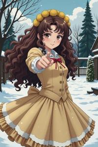 anime style masterpiece,best quality , Long Curly dandelion hair, winter