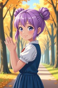anime style masterpiece,best quality , Bun Curly lilac hair, spring