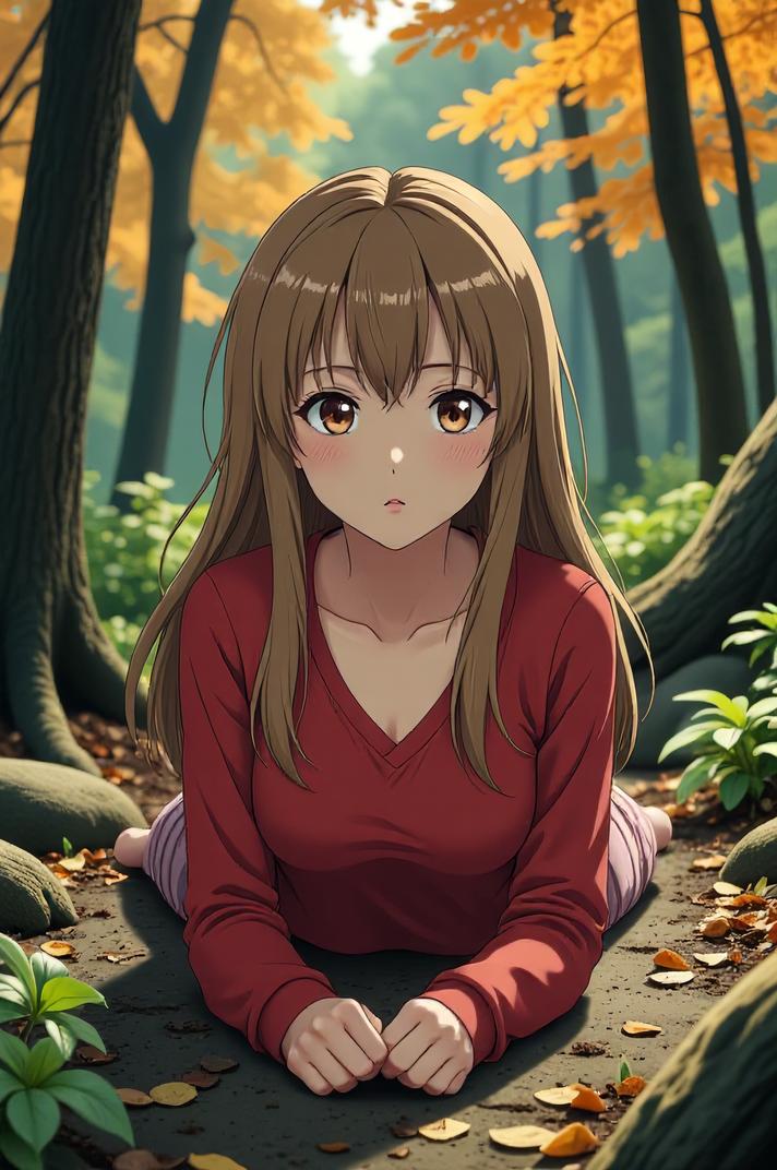 anime style masterpiece,best quality , Center Parting khaki hair, autumn