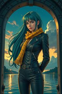 anime style masterpiece,best quality , Long malachite hair, autumn