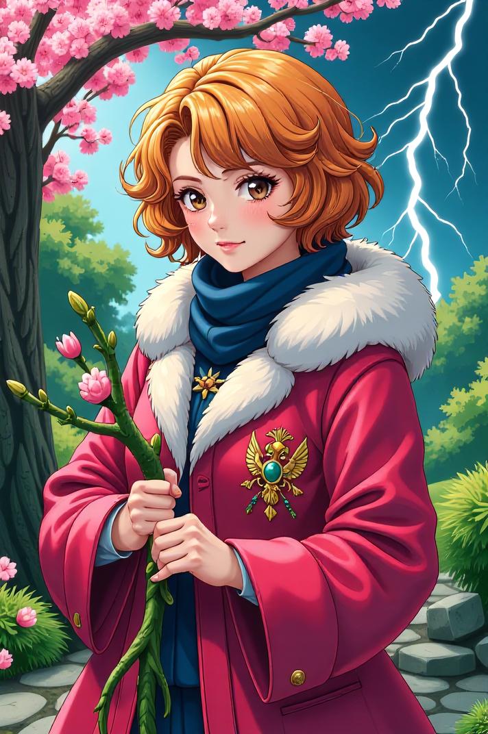anime style masterpiece,best quality , Short Curly gold hair, spring
