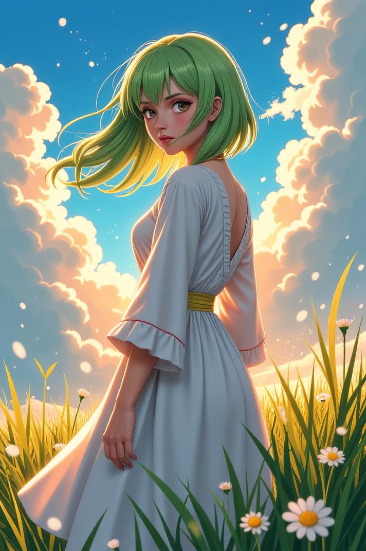anime style masterpiece,best quality , Mullet lime hair, summer