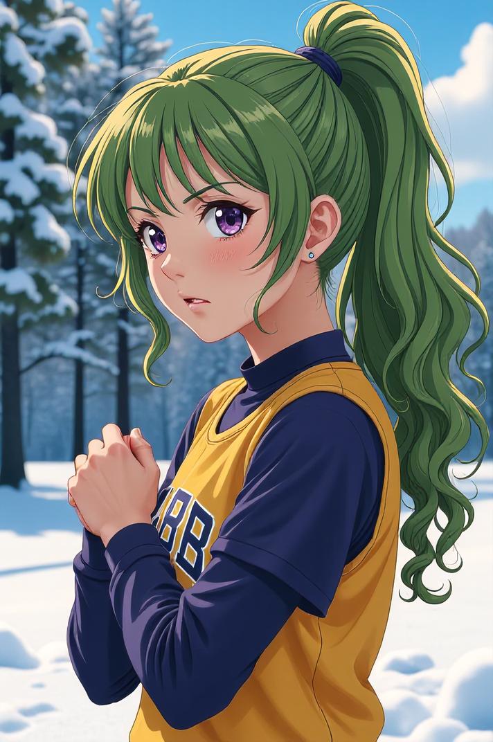 anime style masterpiece,best quality , Lob Curly olivine hair, winter