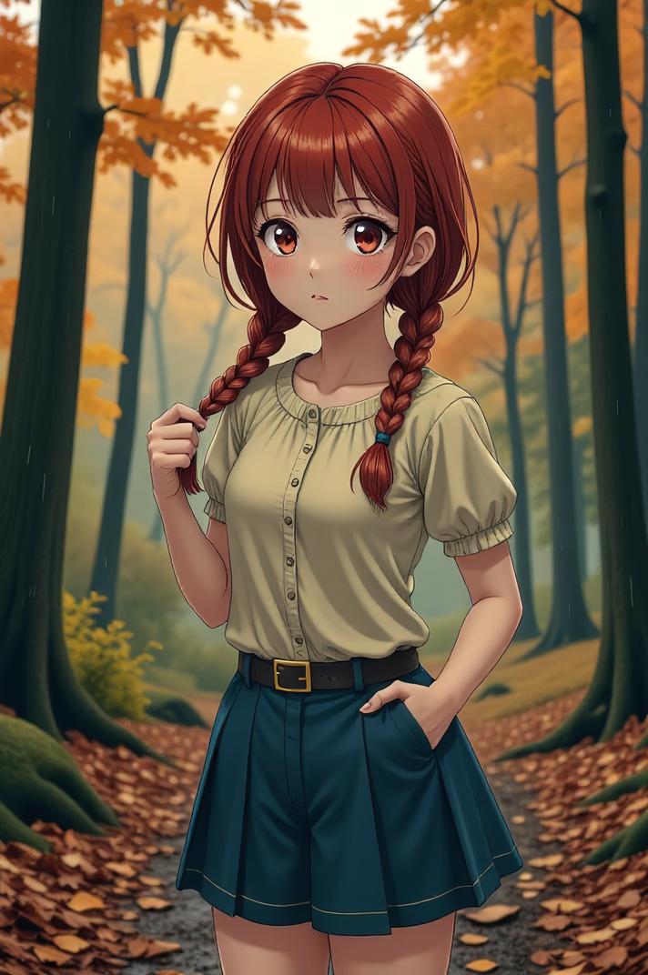 anime style masterpiece,best quality , Over Eye auburn hair, autumn