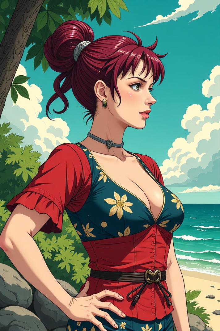 anime style masterpiece,best quality , Spikes burgundy hair, summer