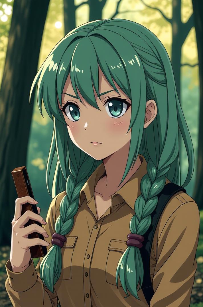 anime style masterpiece,best quality , Long Braids spring green hair, autumn