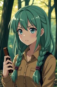 anime style masterpiece,best quality , Long Braids spring green hair, autumn