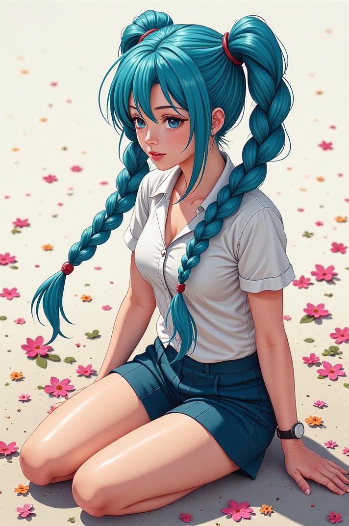 anime style masterpiece,best quality , Pony Tail Braids cyan hair, summer
