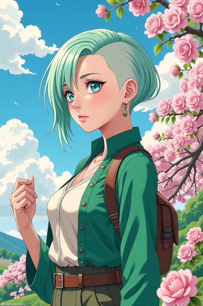 anime style masterpiece,best quality , Bald mint green hair, spring