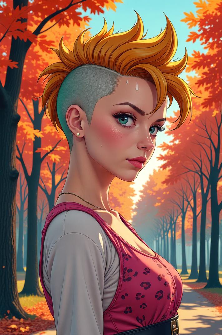 anime style masterpiece,best quality , Mohawk Short mustard hair, autumn