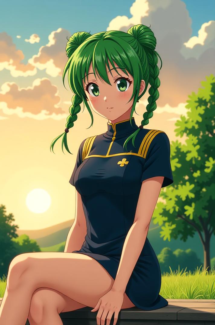 anime style masterpiece,best quality , Pony Tail Braids shamrock green hair, summer