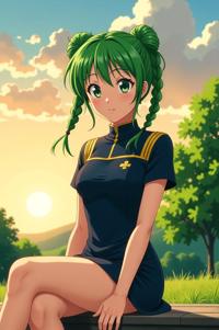 anime style masterpiece,best quality , Pony Tail Braids shamrock green hair, summer
