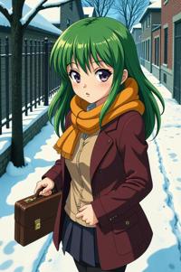 anime style masterpiece,best quality , Grungey Parted viridian hair, winter