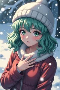 anime style masterpiece,best quality , Over Eye Curly viridian hair, winter