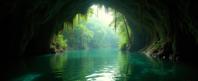photograph, Animecore, best quality, landscape of a Greenpath from inside of a Cenote